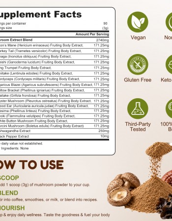 Hosioe 16 in 1 Mushroom Powder, 2740mg Mushroom Powder Supplement 90 Servings
