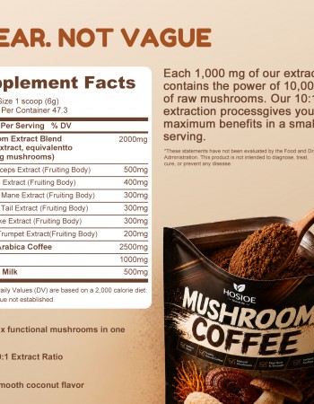 Hosioe Mushroom Coffee, 2000mg Instant Mushroom Coffee Powder (47 Servings)